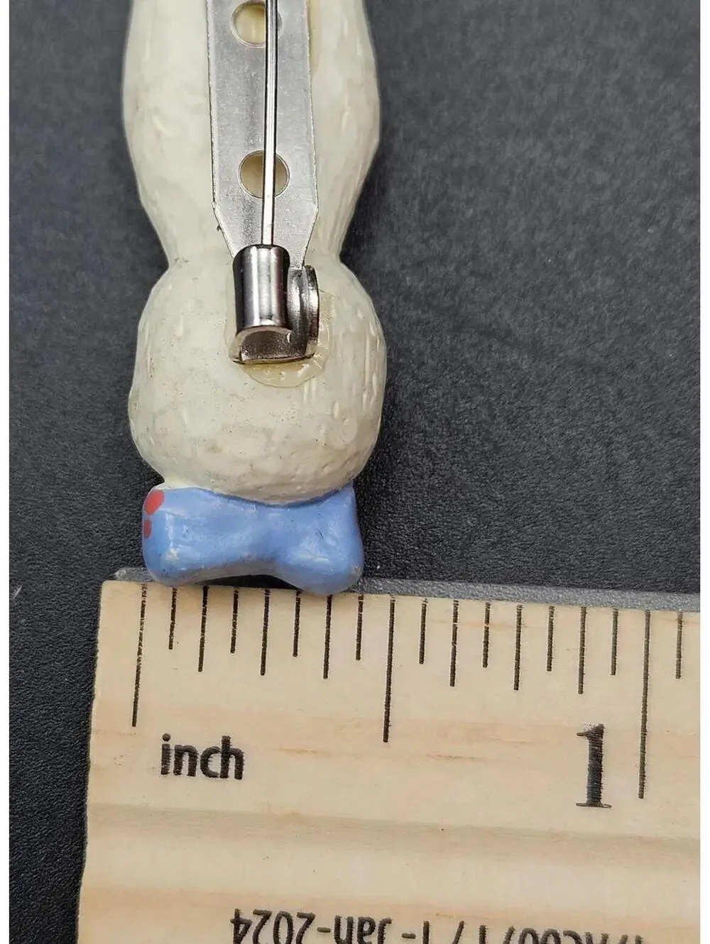 Vintage Bunny Rabbit Head Pin Brooch Carved Wood Look Blue Bow Tie